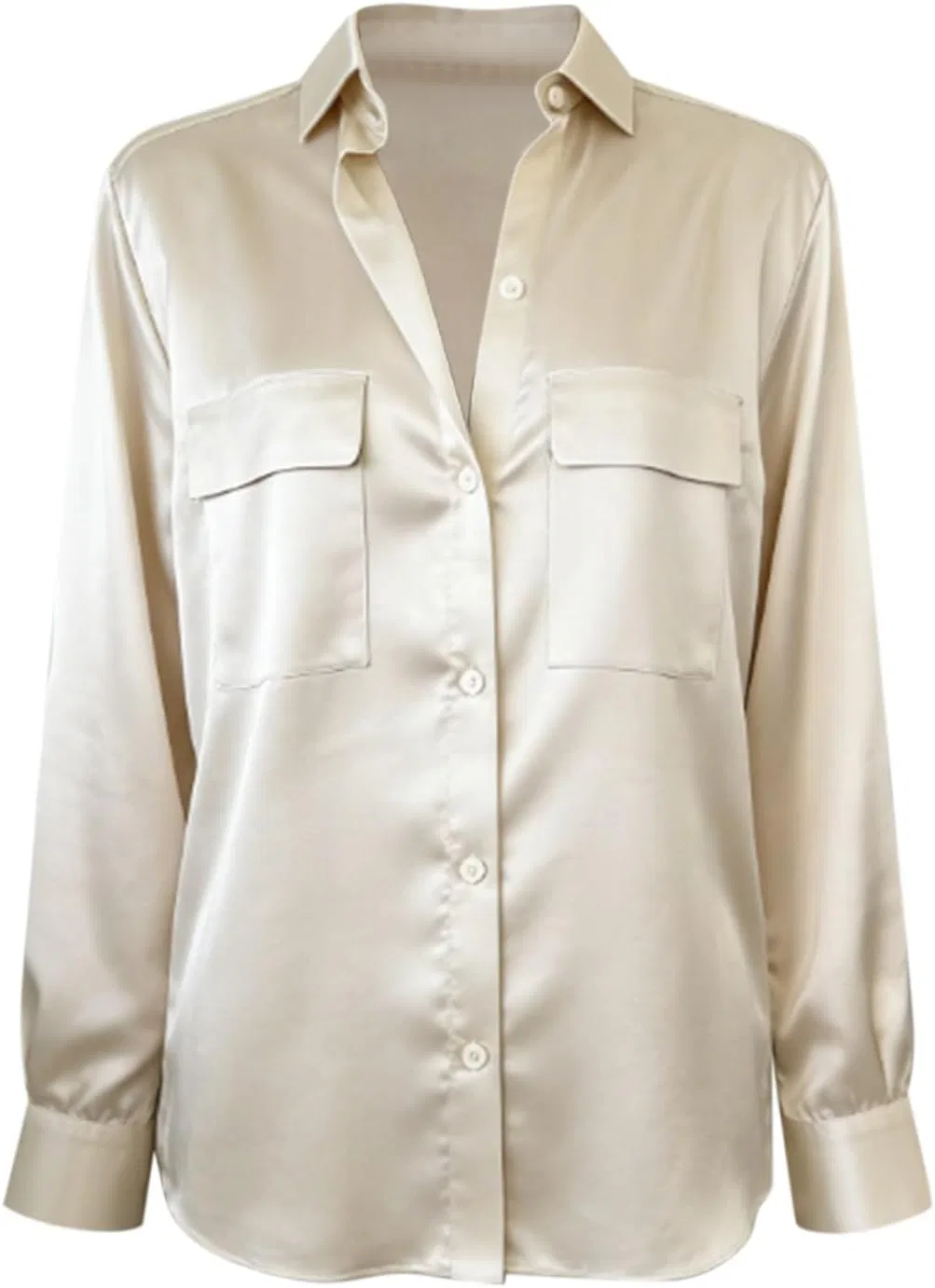 Блуза сатиновая, женская, button-down, длинный рукав, хаки