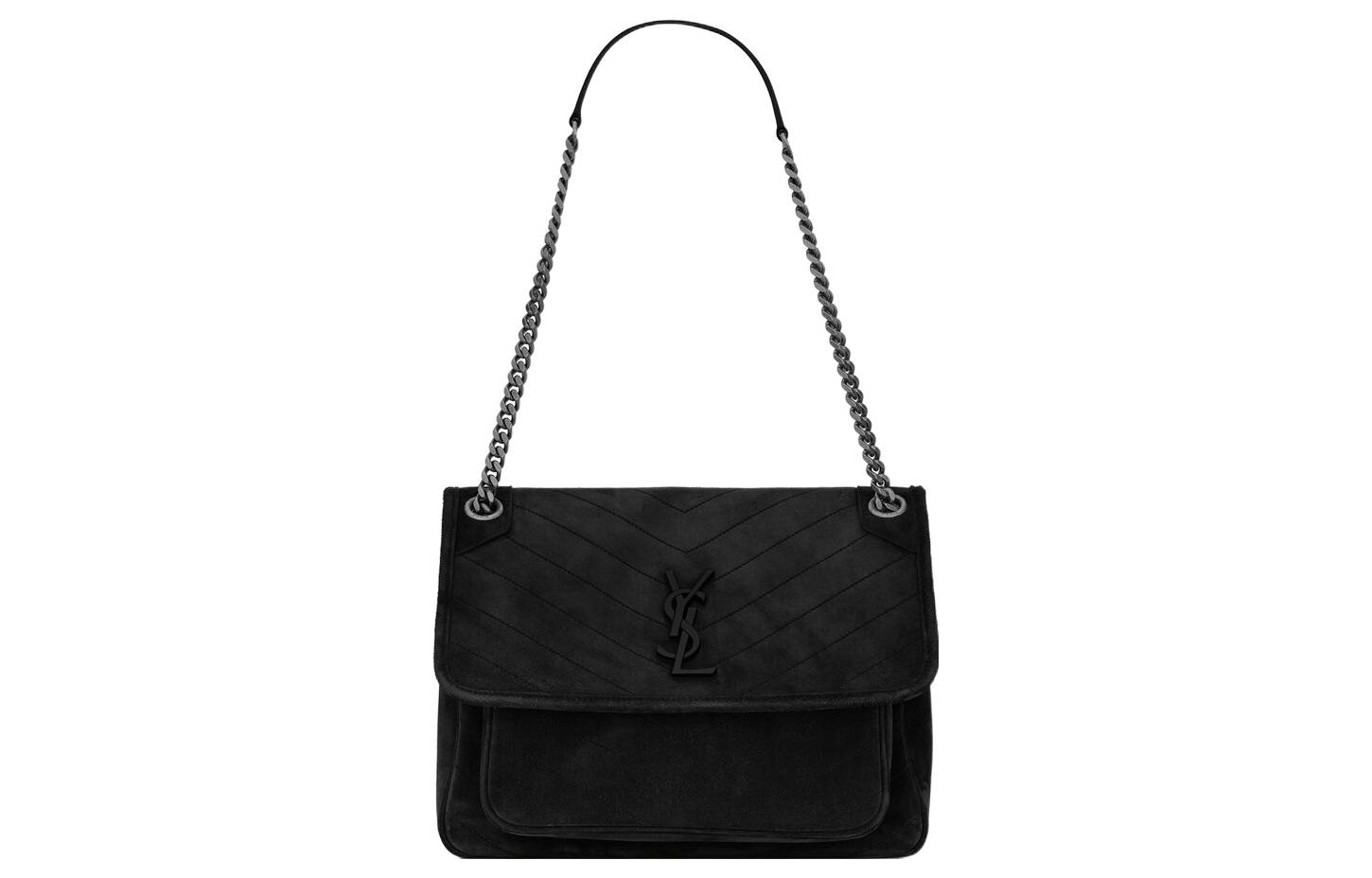 

Saint Laurent Женская сумка-хобо Niki из тисненой замши с цепочкой, через плечо, черная