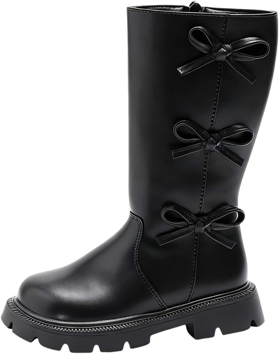 

Девочкам высокие сапоги до икры с бантом, длинные винтажные боевые ботильоны, мягкая подошва, противоскользящие, повседневные, для прогулок и снега Generic, Black