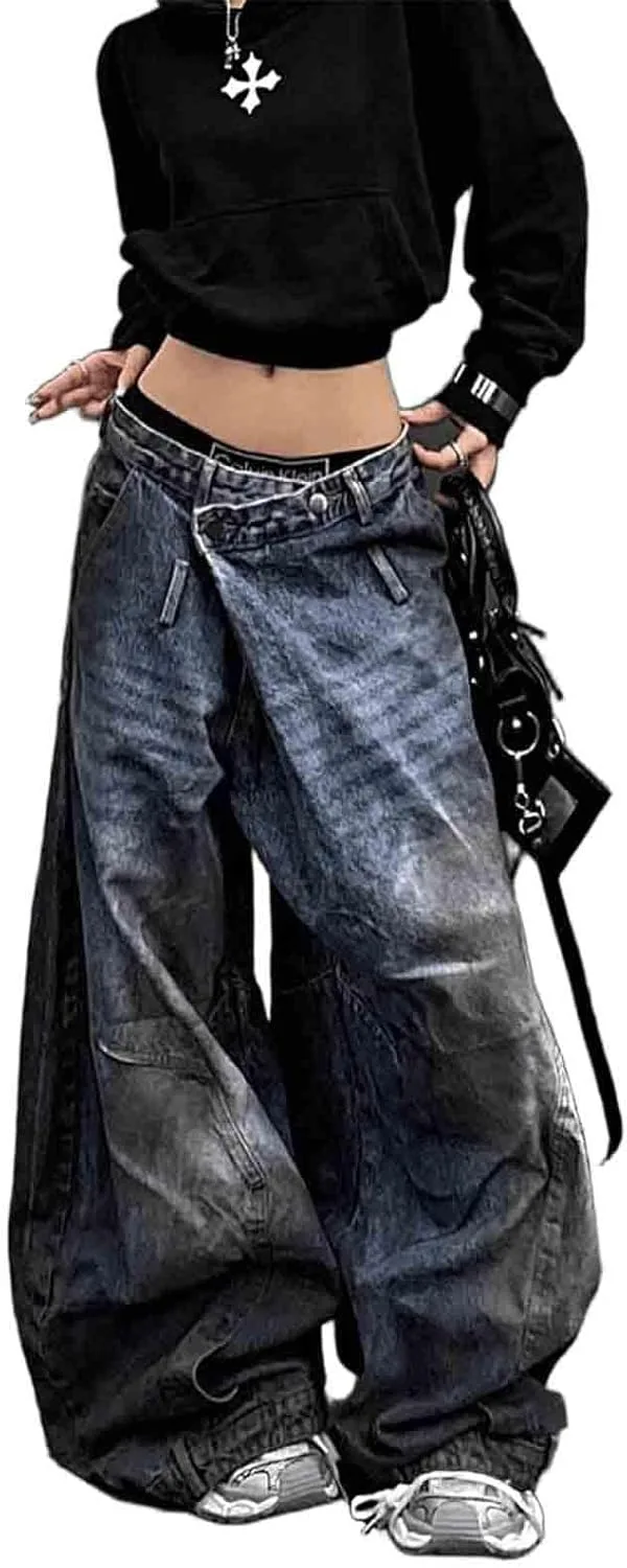 

Женские джинсы с завышенной талией, винтажные, широкие, Y2K, синие BXCNCKD