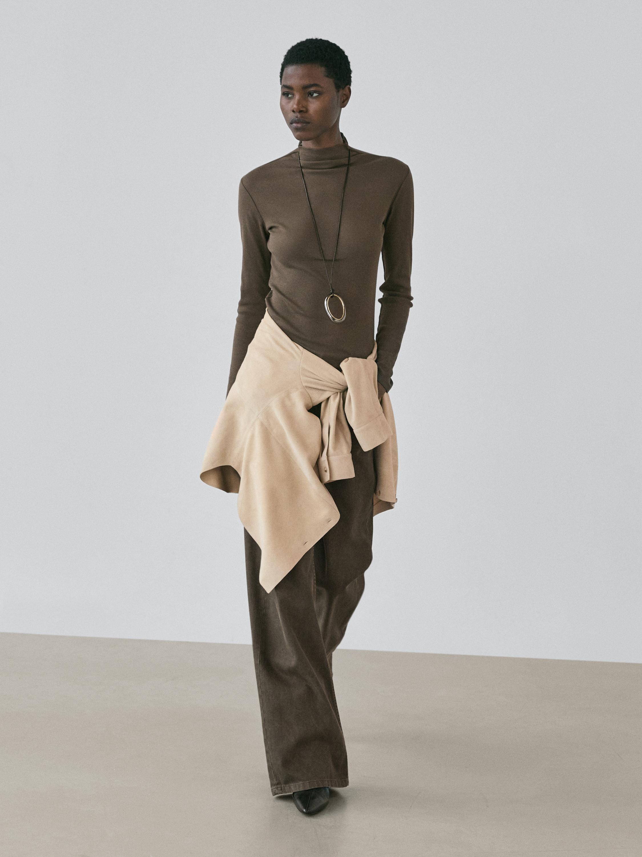 Ребристая хлопковая футболка с длинным рукавом Massimo Dutti, mocha — фото 3
