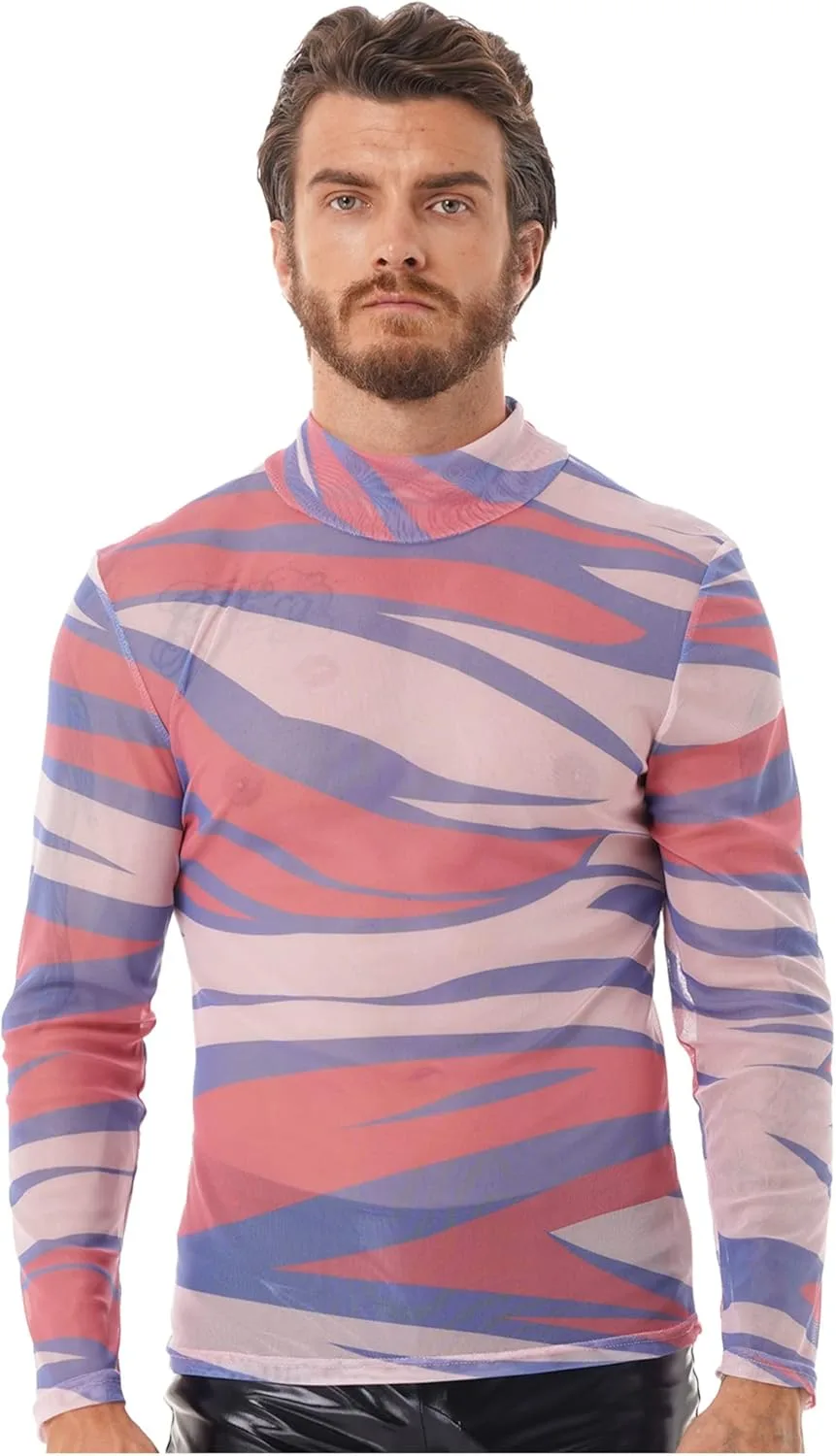 

Moily мужская футболка Mesh Transparent Tie Dye Stripe с длинным рукавом и воротником-стойкой