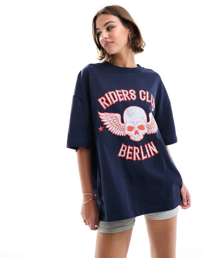 

Темно-синяя футболка-тяжеловес с принтом Rider Club Rock ASOS DESIGN