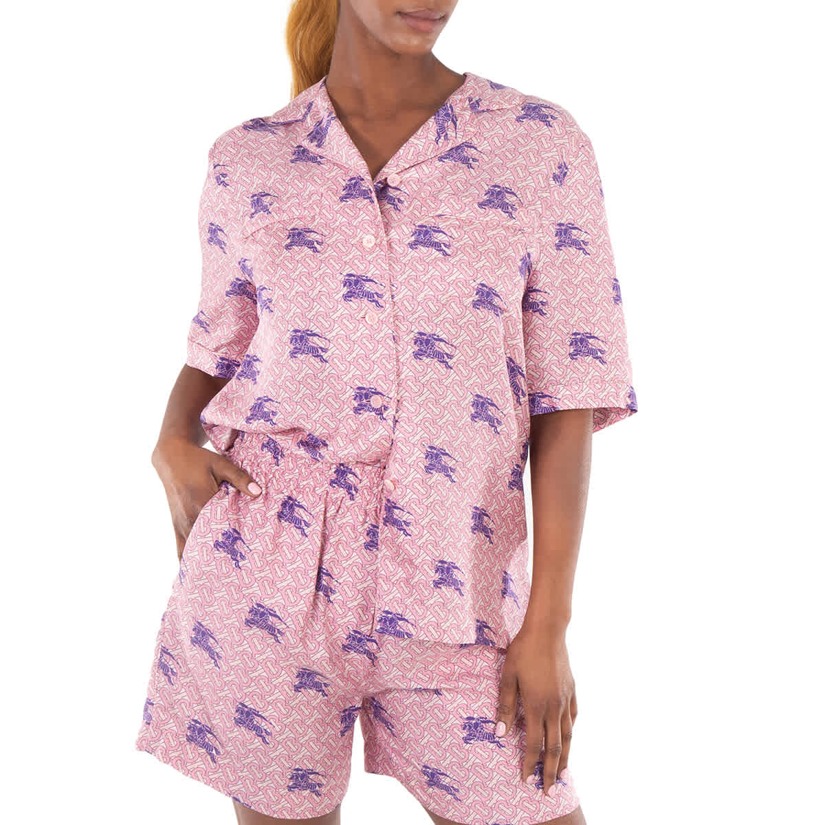 Шелковая рубашка Burberry Tabi Equestrian Knight TB Monogram Print, Deep Amethyst Ip Pat — фото 2