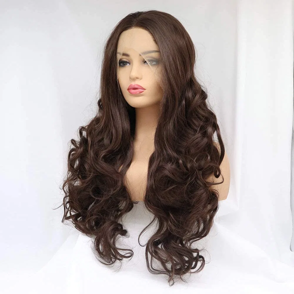 Длинный волнистый парик Lace Front из синтетических волос, 26 дюймов, натуральный коричневый Rainahair — фото 3