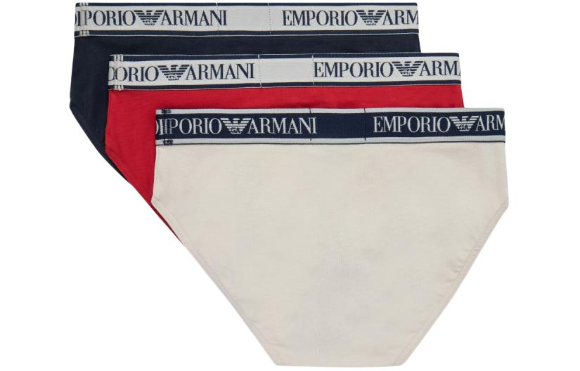 Трусы хлопковые с лого-жаккардом Emporio Armani, набор из трёх (тёмно-синий+красный+серо-бежевый) — фото 2