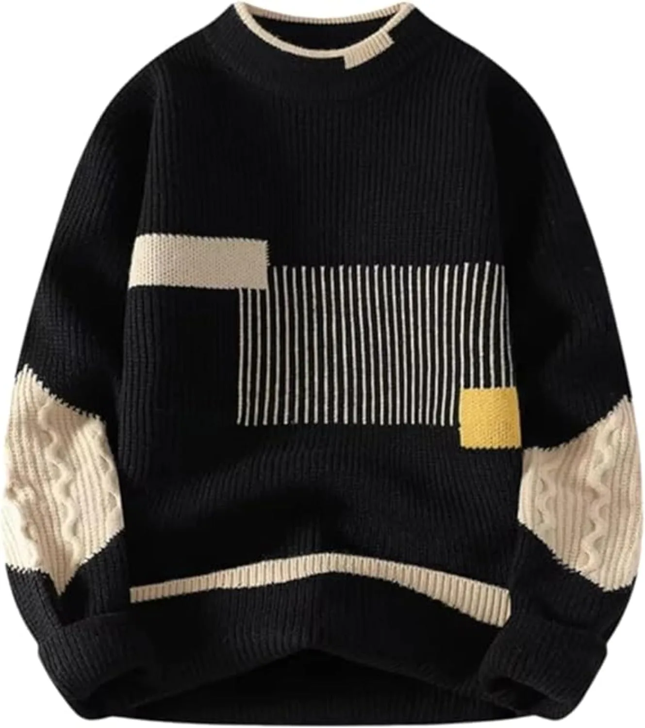 

Мужской вязаный свитер с цветными блоками и кабельной вязкой SWJGLITTR