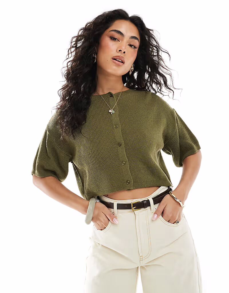 

Вязаный кардиган с короткими рукавами ASOS DESIGN цвета хаки