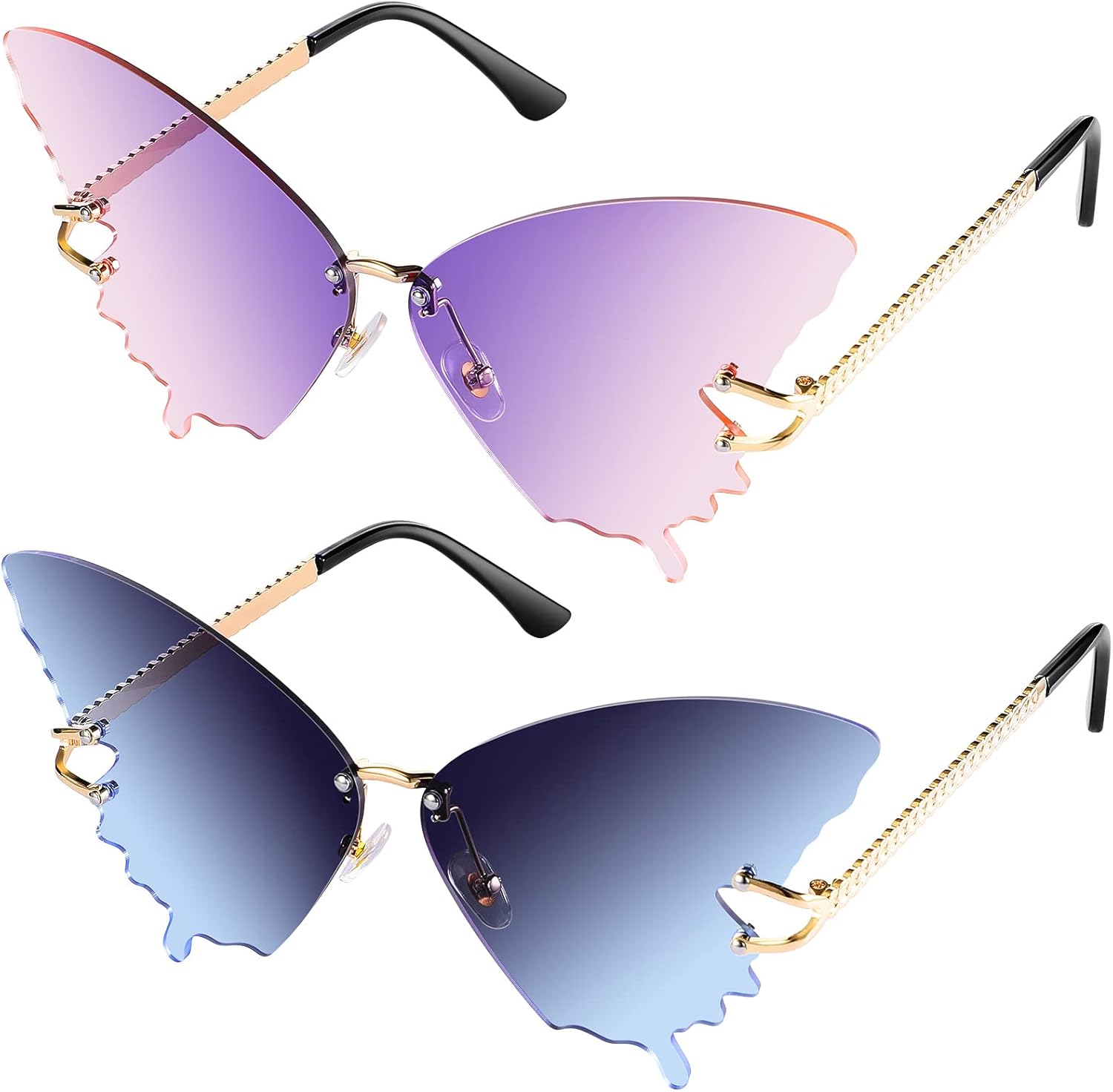 

Солнцезащитные очки Weewooday, 2 пары, без оправы, с рисунком «крылья бабочки», для женщин и мужчин (фиолетовые и розовые, серые и синие), Purple and Pink, Gray and Blue