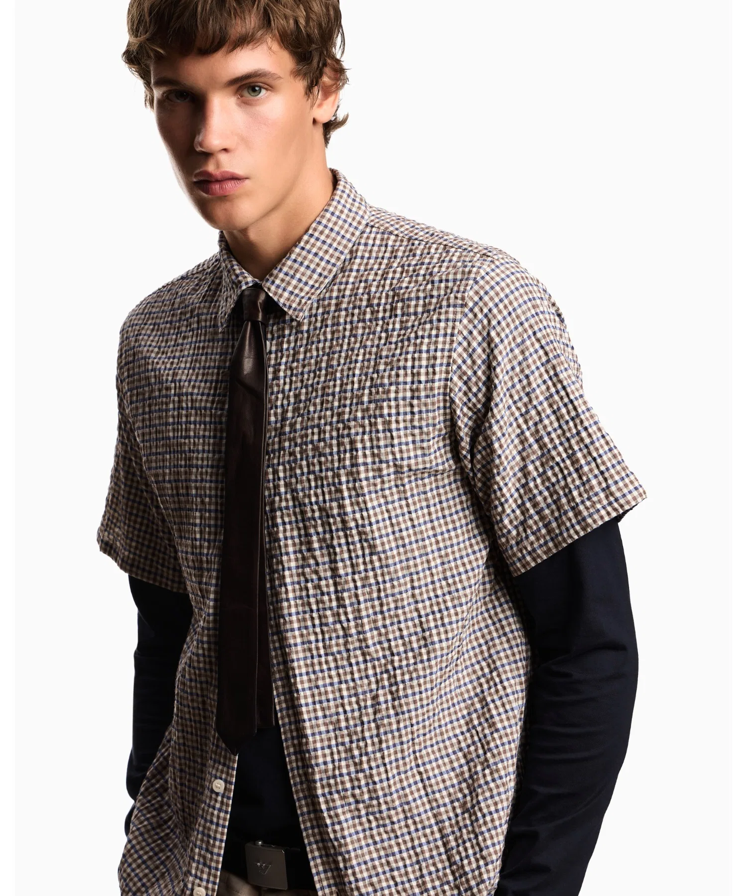 Мужская рубашка EMPORIO ARMANI Eagle Club из хлопка и полиэстера с клетчатым принтом коричневая