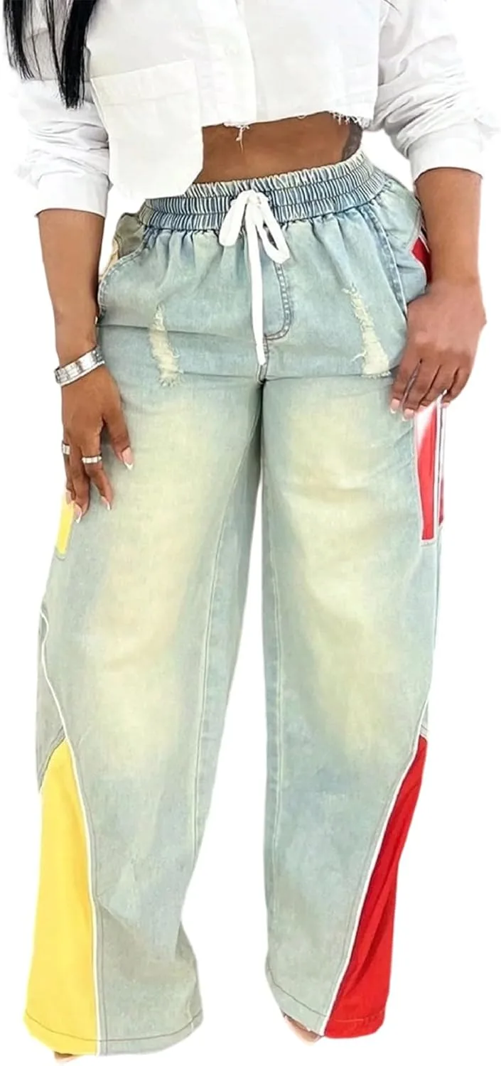 

Женские джинсы с высокой талией и широкими штанинами в стиле пэчворк Kwunbwa