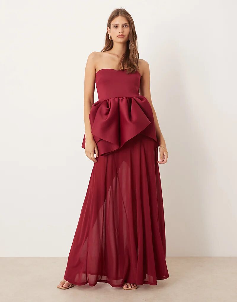 

Платье-бандо премиум-класса ASOS DESIGN с прозрачной юбкой красного цвета из ткани в стиле «скуба»