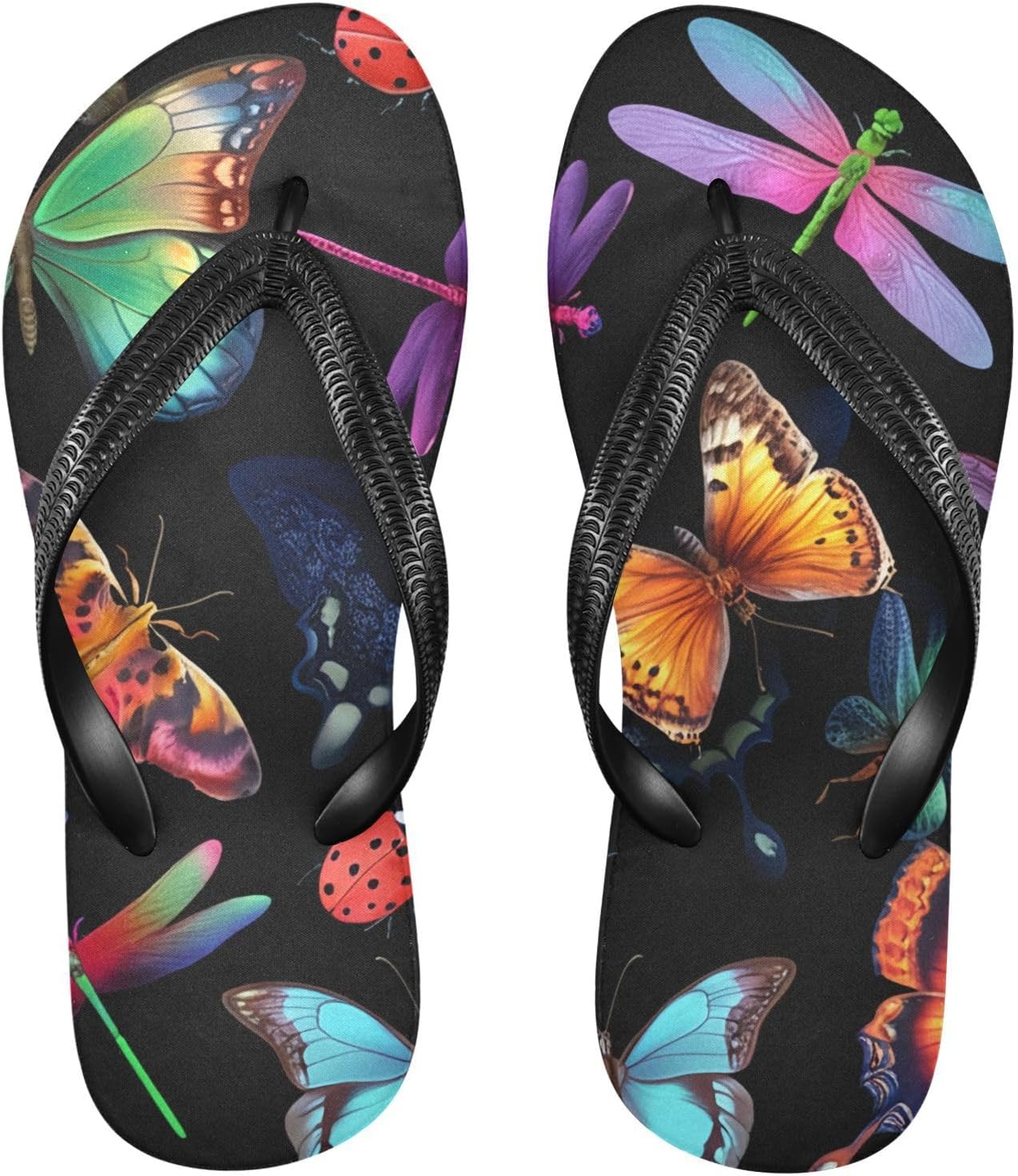 

Черные шлепанцы с бабочками и божьими коровками для пляжа и душа, резинескользящие летние тапочки для женщин и мужчин Sinestour