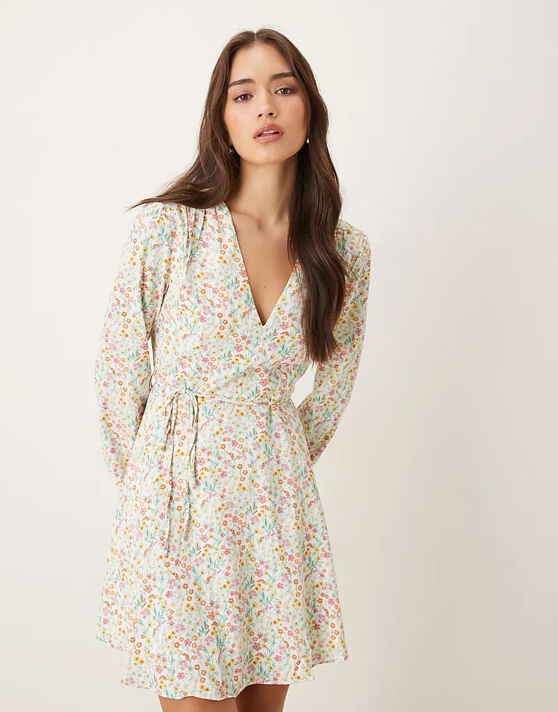 

Glamorous мини-платье с V-образным вырезом и завязкой на талии в цвете цитронной орхидеи