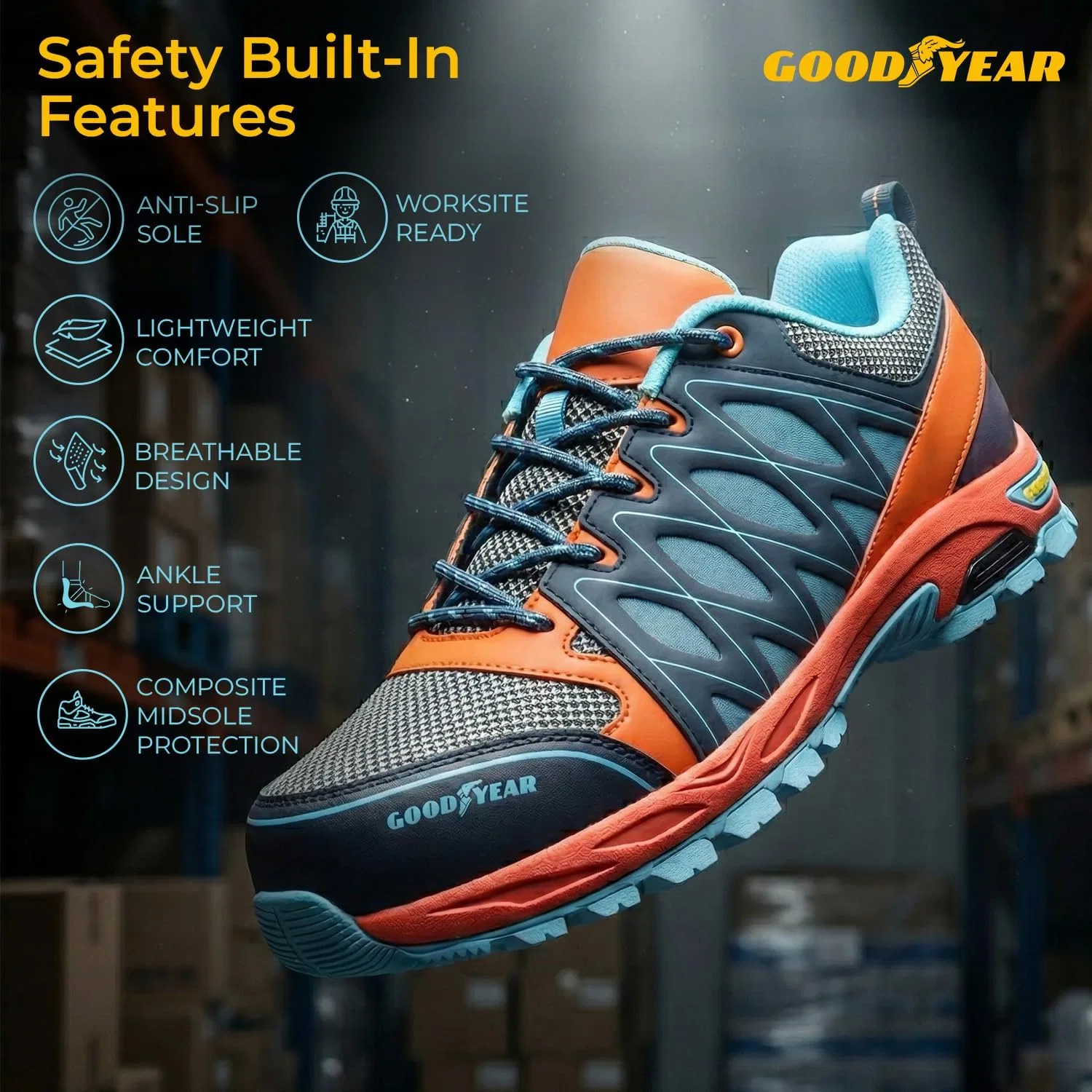 Кроссовки Goodyear S1P SRA HRO Metal Free Work Safety Trainer for Men, Orange Blue — фото 3