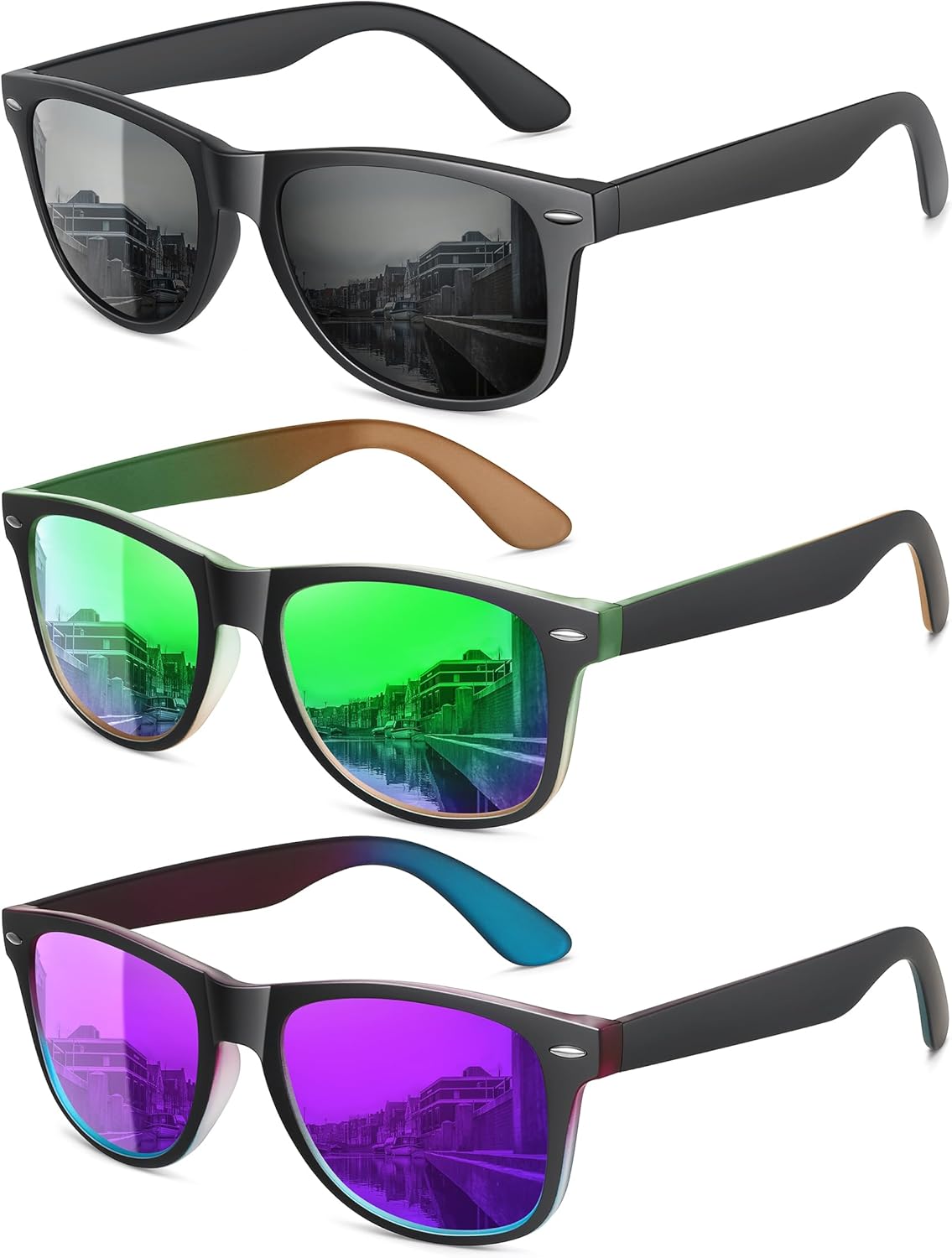 

Поляризованные солнцезащитные очки MEETSUN для женщин и мужчин, классические ретро-стиль, модные очки для вождения, защита UV400 (3 шт.), 3 Pack Gradient Frame/Black + Green + Purple