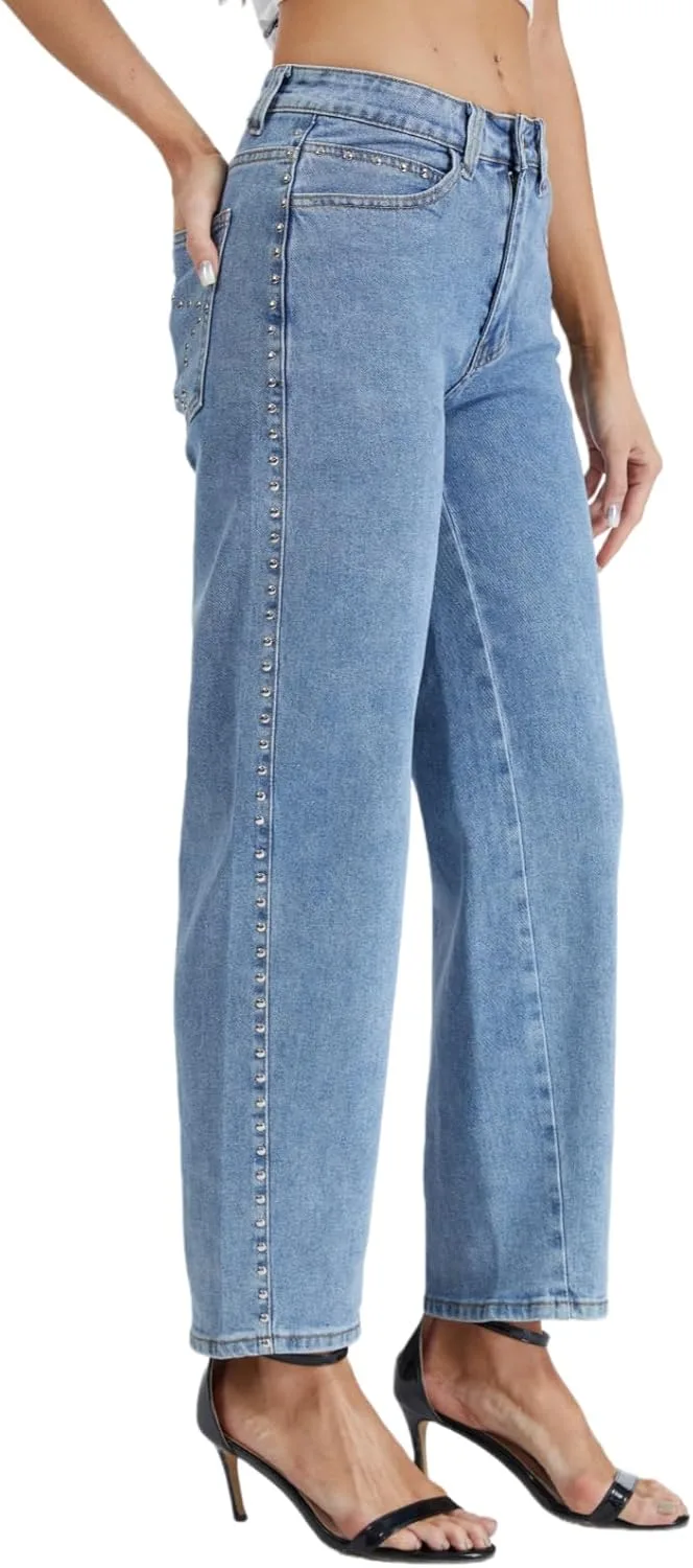 

Женские джинсы с заклепками, прямые, с высокой талией и широкими штанинами OFSOAK