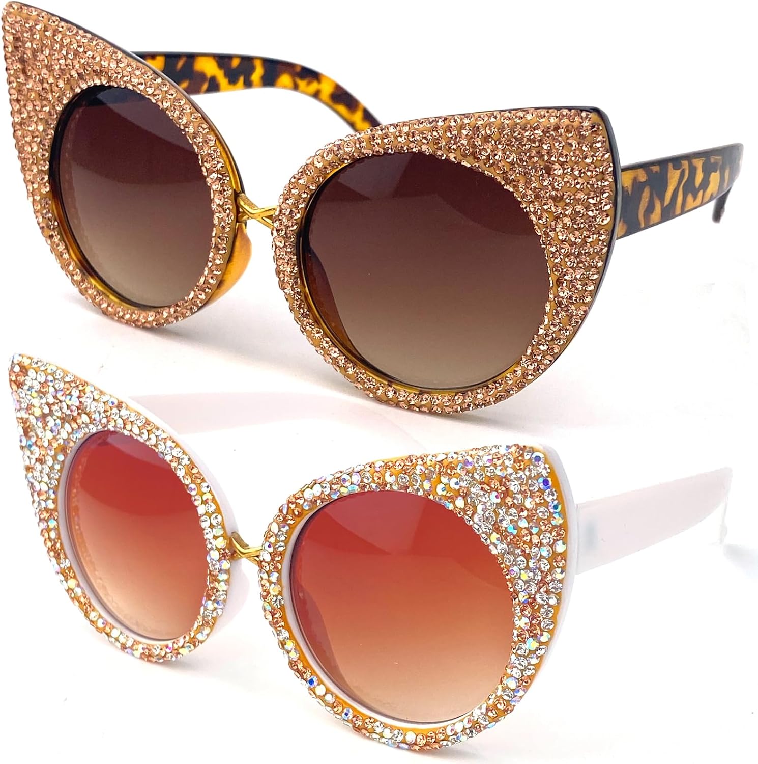 

Винтажные солнцезащитные очки «кошачий глаз» со стразами, женские круглые солнцезащитные очки с кристаллами, модные блестящие очки с бриллиантами mincl, 2pcs-brown&white