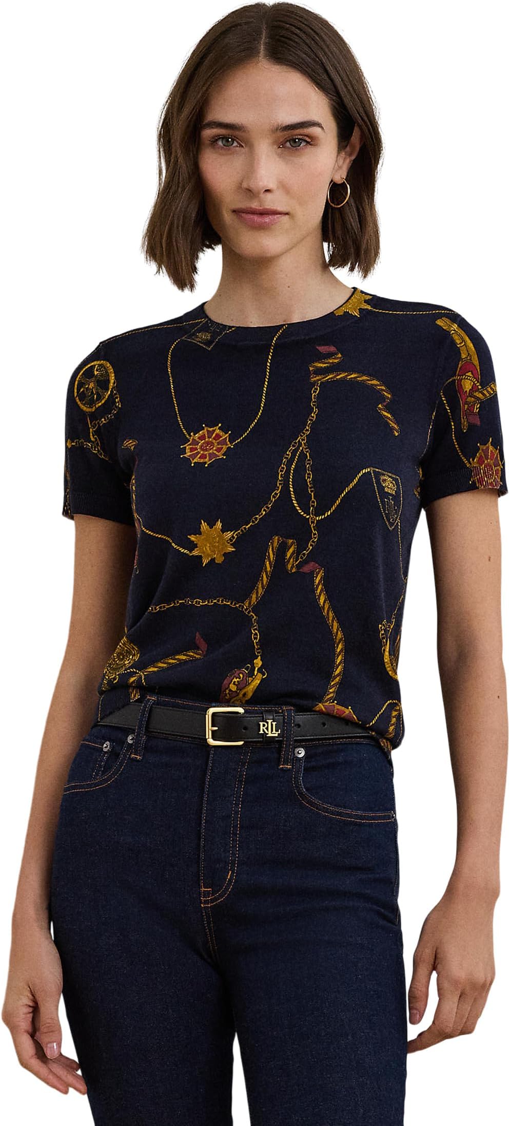

Свитер Lauren Ralph Lauren Print Cotton-Blend Short-Sleeve Sweater, цвет Navy Multi