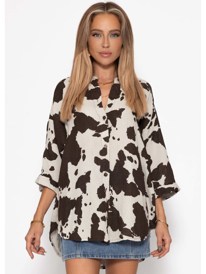 

Блузка из муслина с короткими рукавами и принтом корова, коричневого цвета SASSYCLASSY
