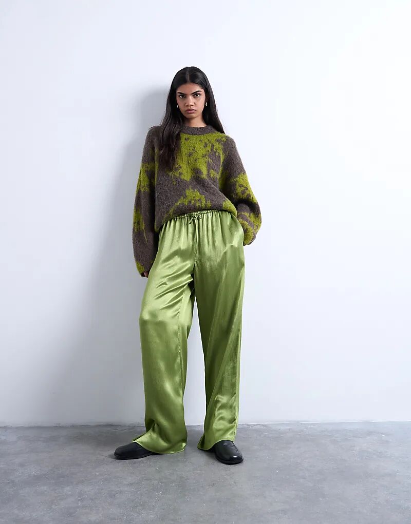 

Широкие брюки Topshop из жатого атласа ярко-зеленого цвета