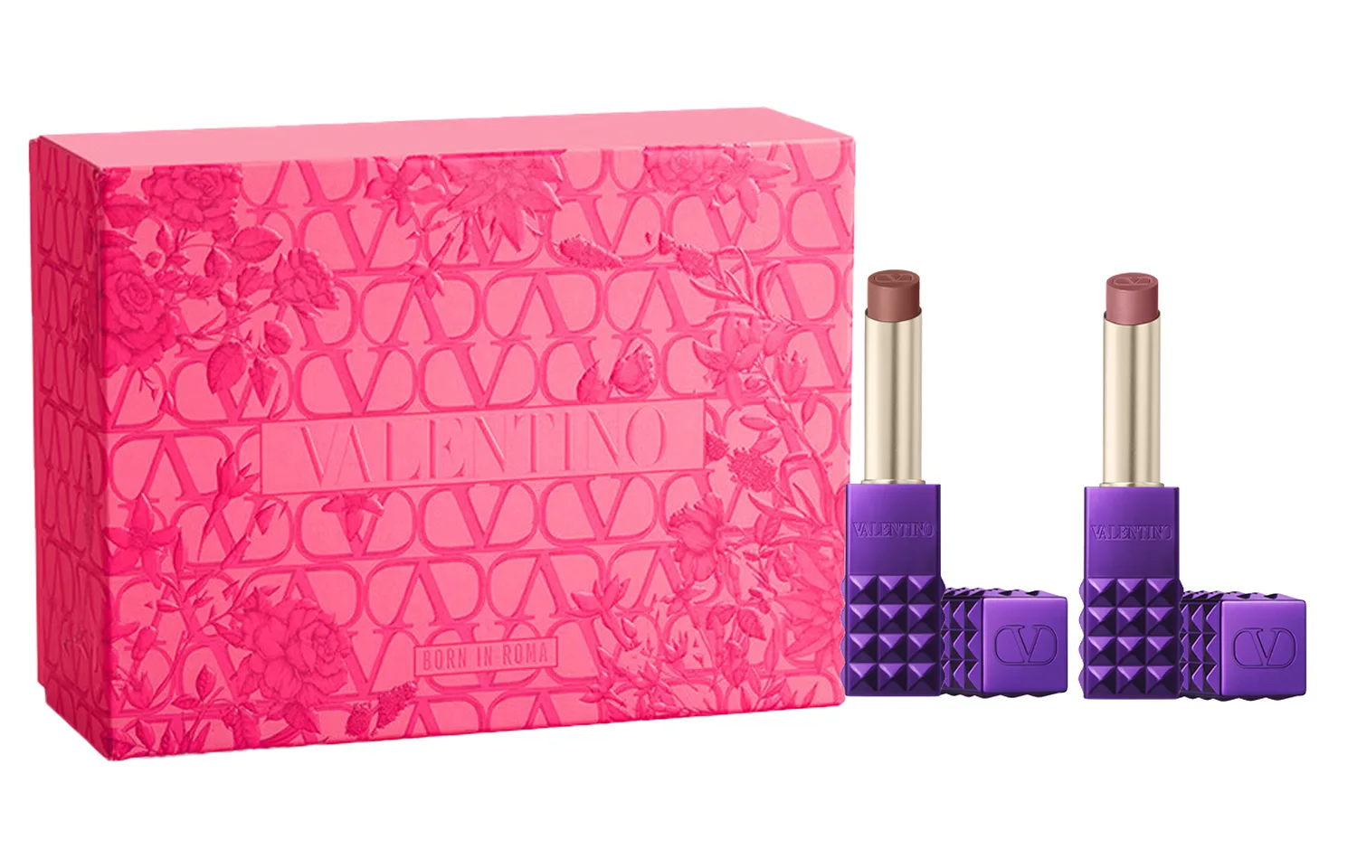 Valentino Помада матовая Wilderness Purple Double Studs, легко растушевывается, стойкая, 2,3 г+2,3 г, Two-Piece Set: Stud Lipstick Wilderness Purple Limited #134R+Stud Lipstick Wilderness Purple Limited #125R