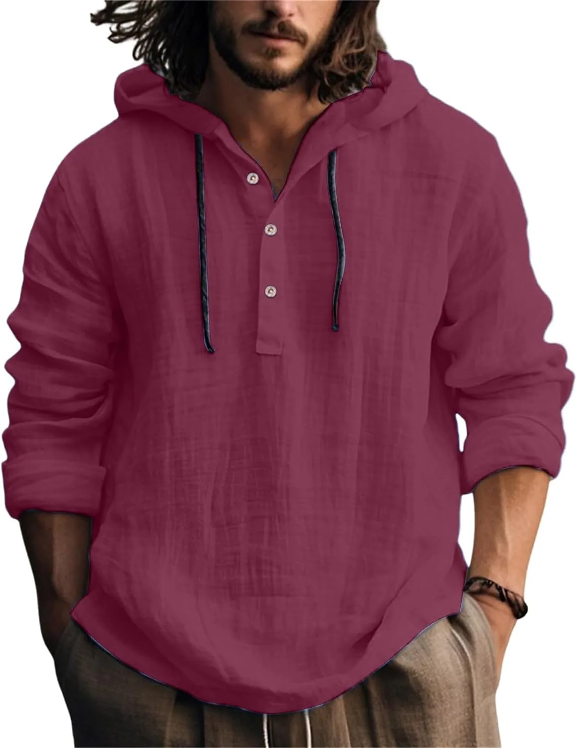 

Мужская льняная рубашка с капюшоном, V-образным вырезом и длинными рукавами tobchonp