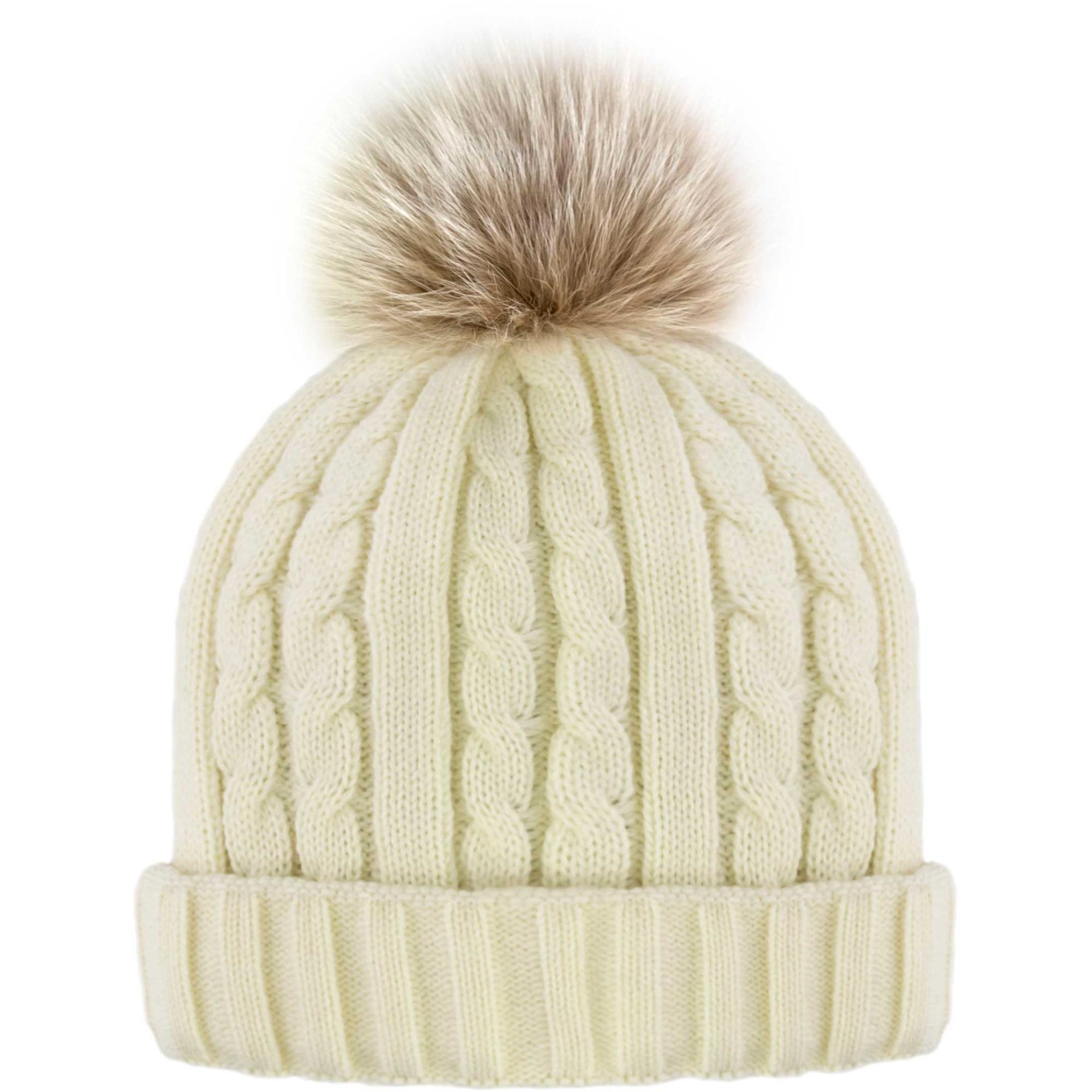 

Женская вязаная шапка-бини с флисовой подкладкой и меховым помпоном. Mitchie's Matchings, Ivory