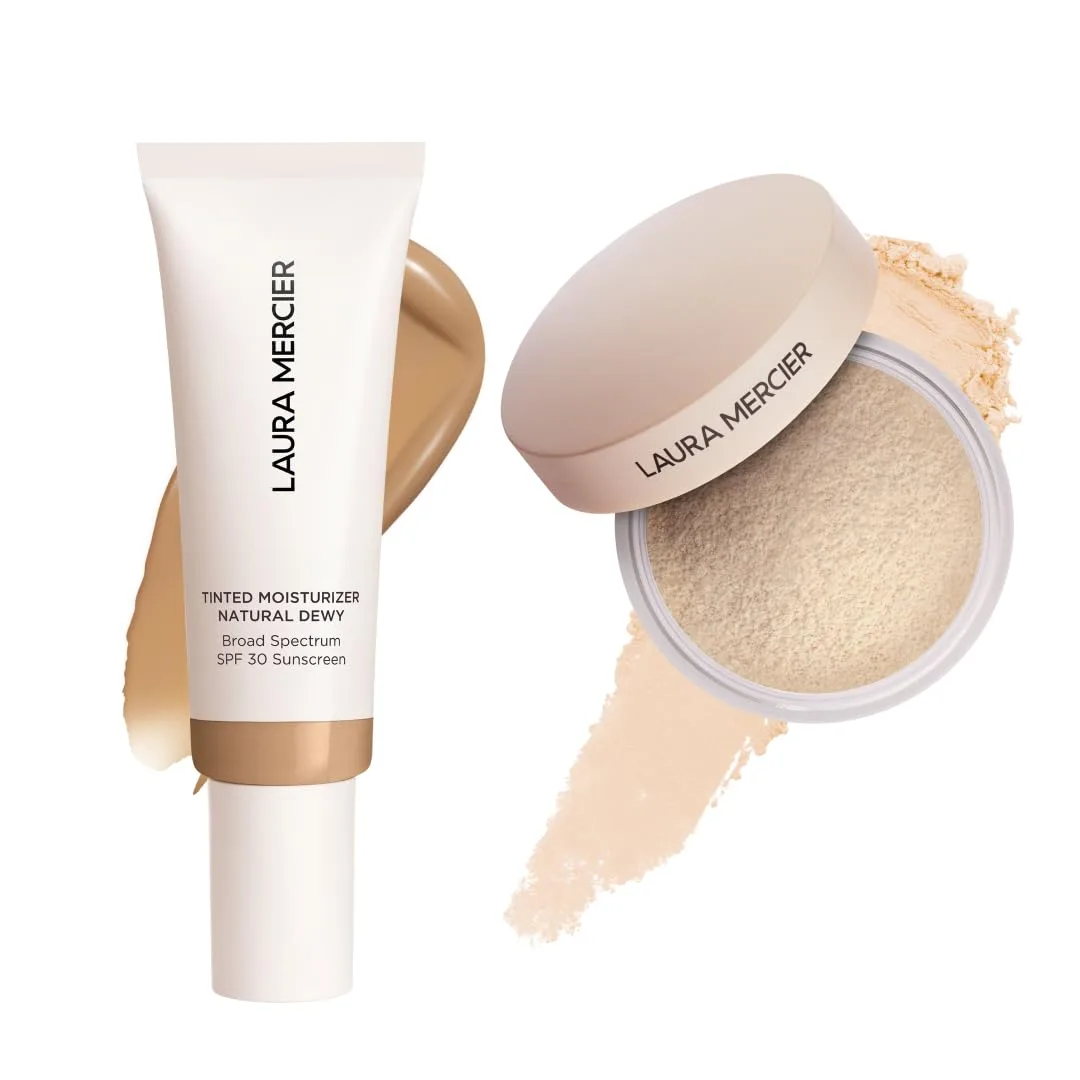 Laura Mercier тонирующий увлажняющий крем Natural Dewy с SPF 30, 24-часовая гидратация, оттенок 3W Palomino и рассыпчатая пудра Translucent Loose Talc-Free Setting Powder Ultra-Blur с гиалуроновой кислотой, оттенок Translucent