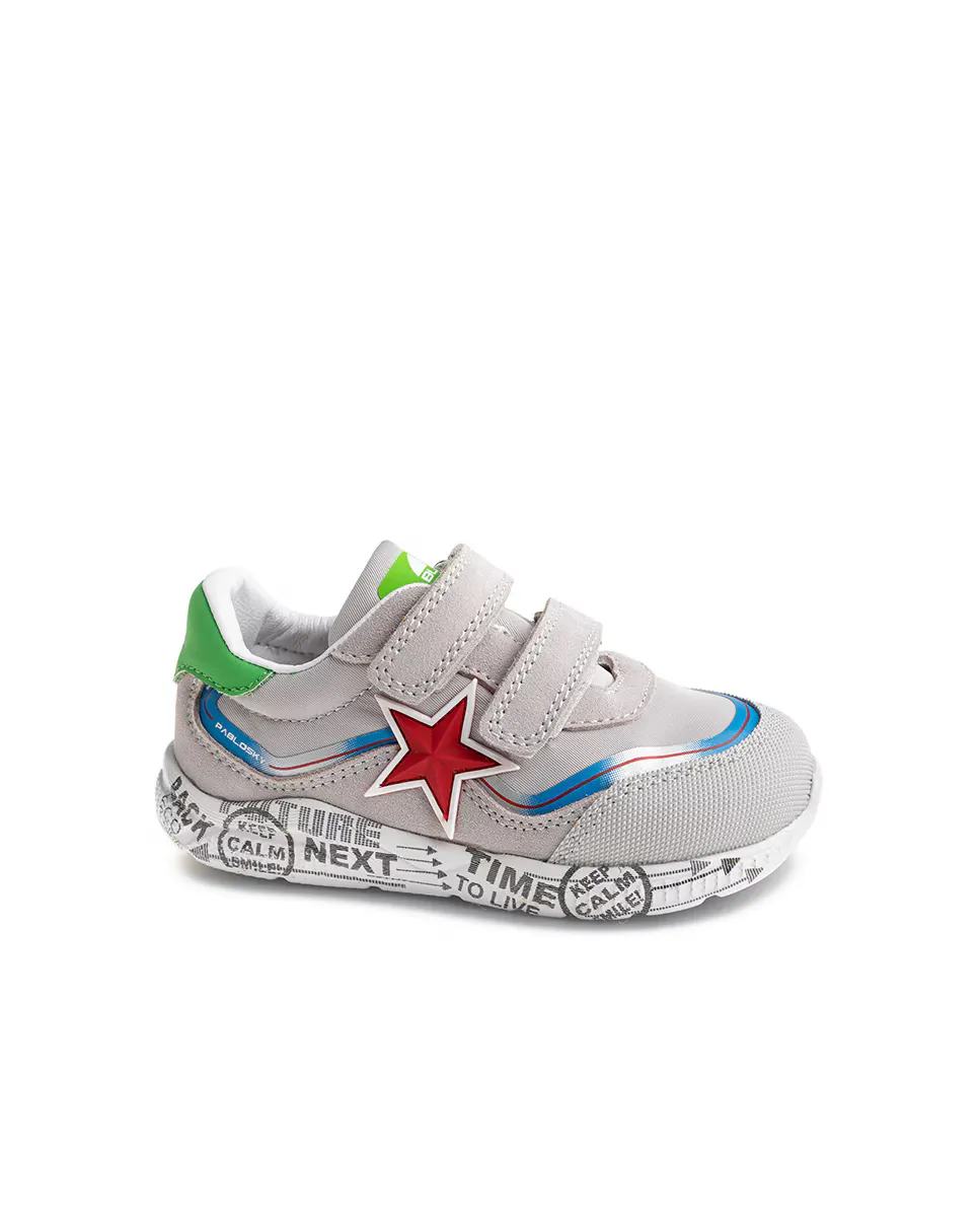 

Детские кеды из кожи и технического текстиля с застежкой-липучкой Pablosky, серый