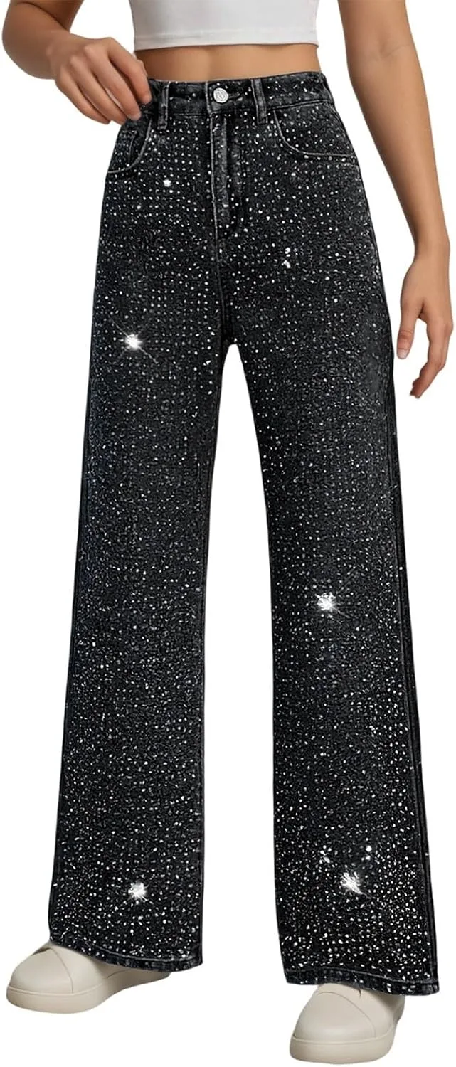 

Женские джинсы Bling Rhinestone прямые широкие мешковатые с высокой посадкой блестящие