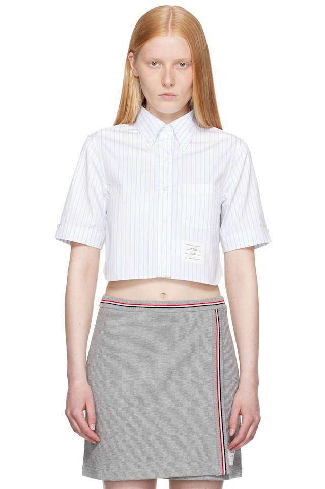 

Полосатая укороченная рубашка с коротким рукавом из поплина Thom Browne, синий