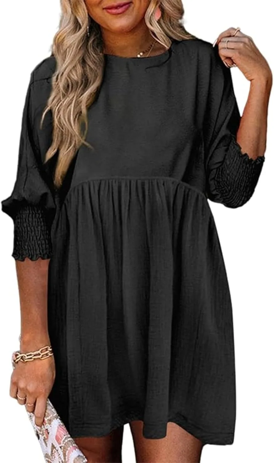 Женское платье-бэбидолл с короткими рукавами и пышной юбкой, элегантное мини-платье с завышенной талией, однотонное платье с круглым вырезом и карманами Generic, черный