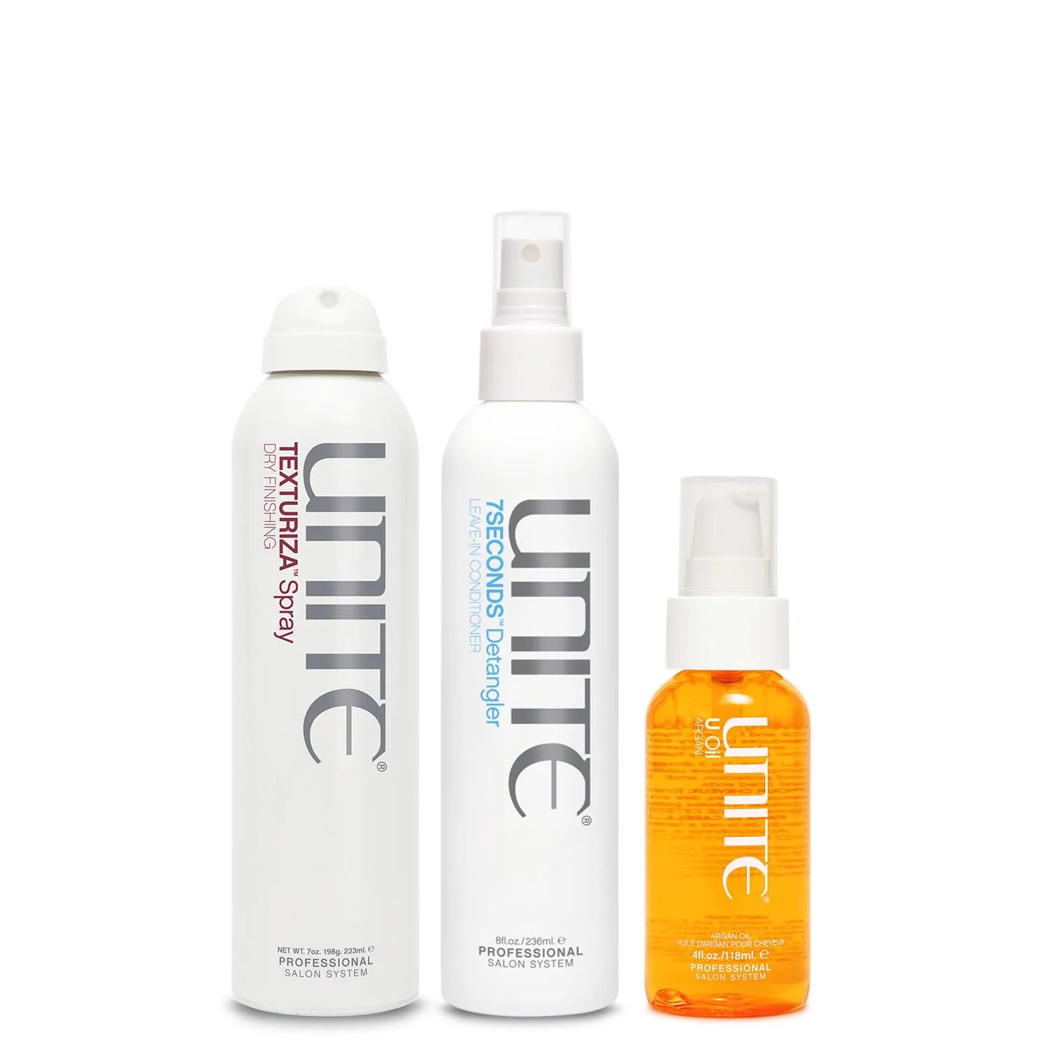 UNITE Hair - 7SECONDS Detangler, TEXTURIZA Spray и U Oil - для объема, текстуры и блеска - защита от ультрафиолета и термозащита - 236 мл, 207 мл и 118 мл