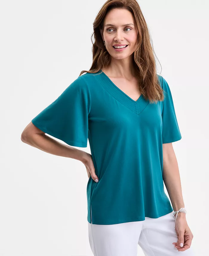 

Женский трикотажный топ с V-образным вырезом и короткими рукавами JM Collection, синий