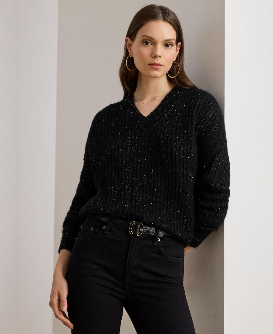 

Женский свитер с V-образным вырезом и ребристым узором, украшенный пайетками Lauren Ralph Lauren, Black