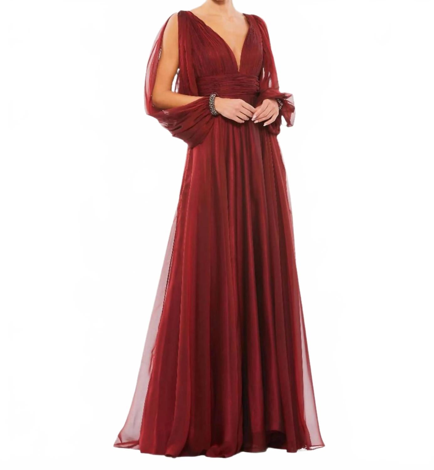 

V-образный вырез платье-футляр из шифона с вышитыми манжетами в гранатовом цвете Mac Duggal, Garnet