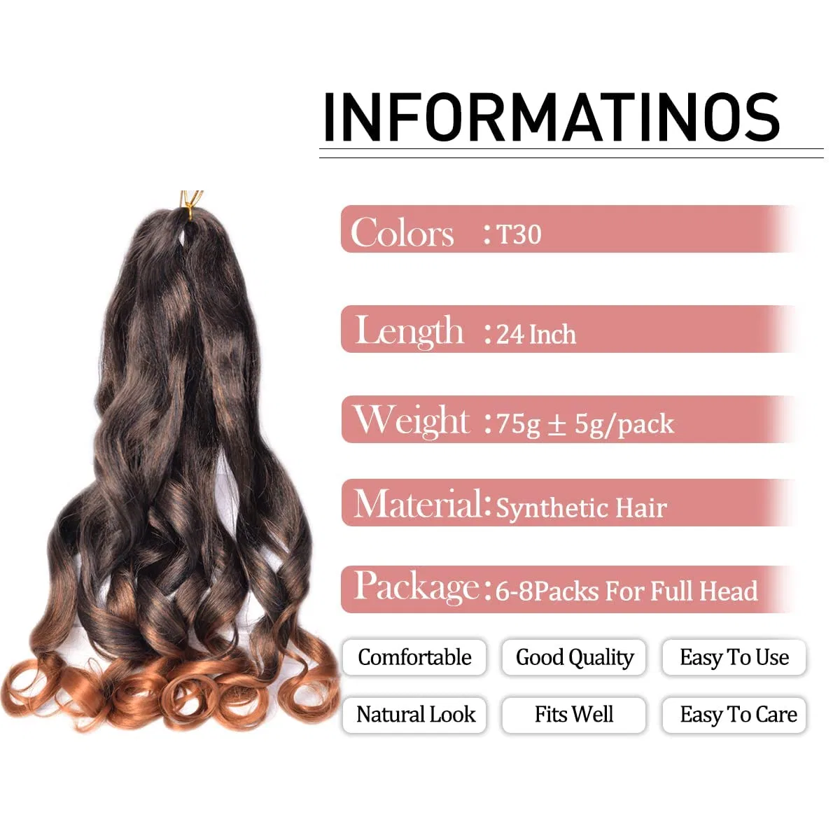 Наращивание волос French Curly Braiding Hair 24 дюйма Herkeymidy, T1B/30 — фото 3