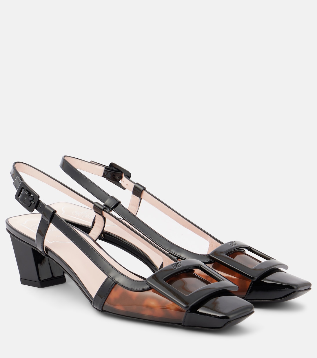 Туфли-лодочки Belle Vivier 45 из лакированной кожи с открытой пяткой Roger Vivier, Marrone Scuro+Nero