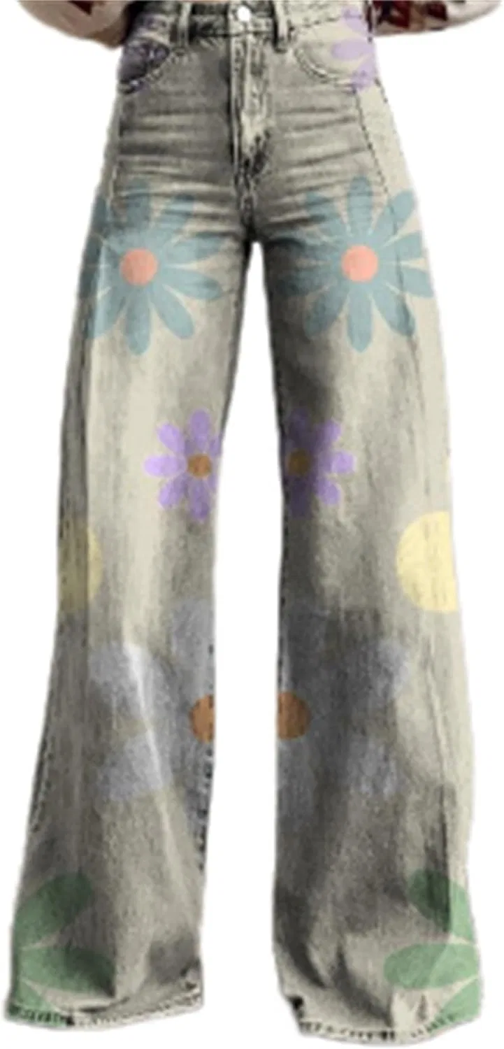 Джинсы с цветочным принтом, Wide Leg, 40