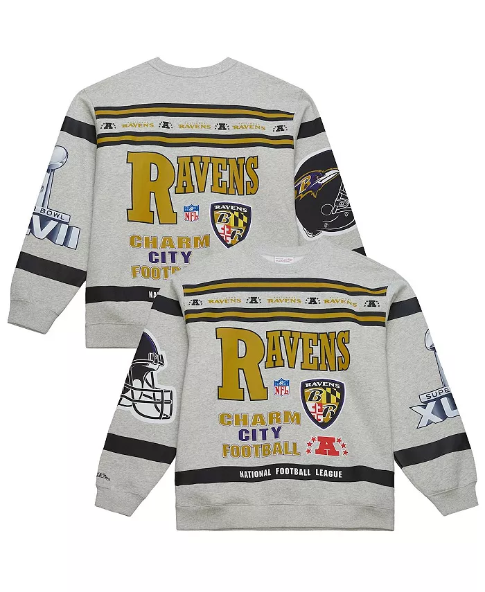 

Мужская ворсовая толстовка с принтом Baltimore Ravens по всей поверхности цвета хиттер грей Mitchell & Ness