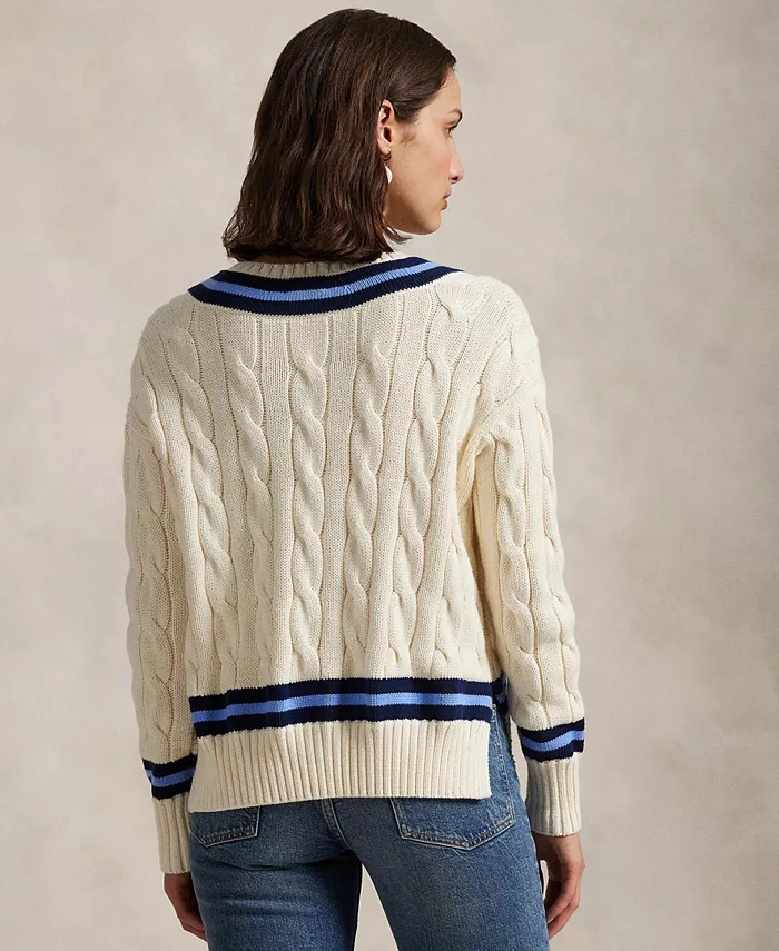 Женский хлопковый свитер для крикета с косичной вязкой Polo Ralph Lauren, белый — фото 4