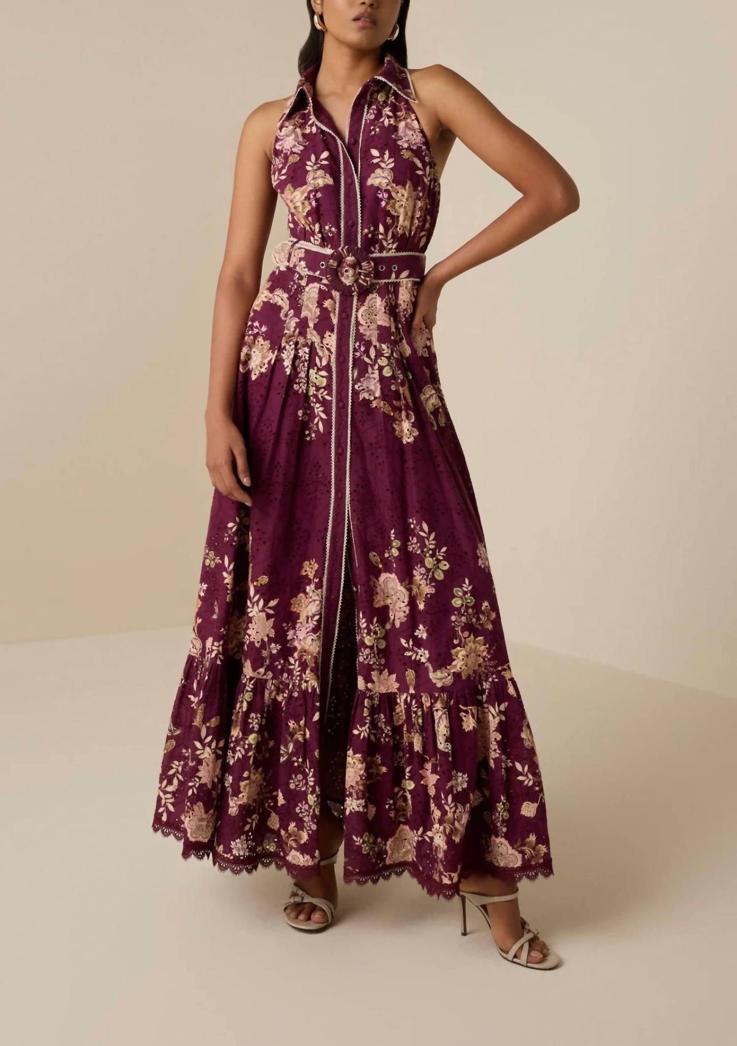 

Сави Длинное платье-рубашка в бордовом цветочном принте Hemant & Nandita