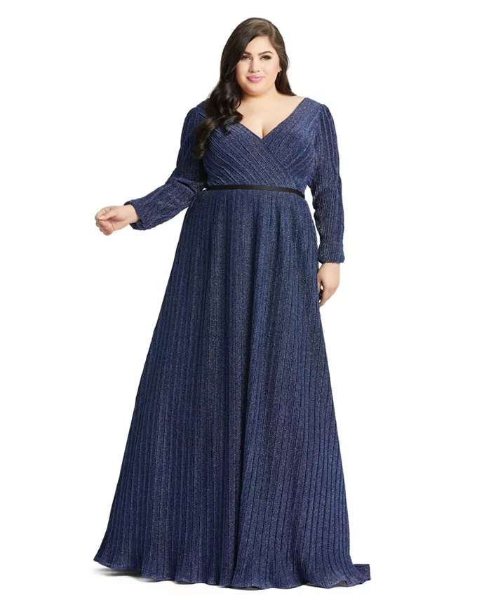 

Женское вечернее платье с V-образным вырезом Plus Size Midnight Shimmering Mac Duggal, синий