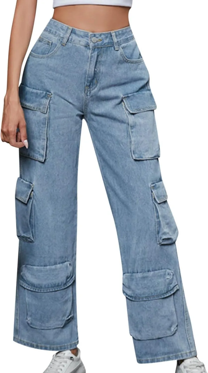 

Джинсы женские Y2k Cargo Denim Pants Streetwear Casual Baggy Straight Wide Leg High Waisted