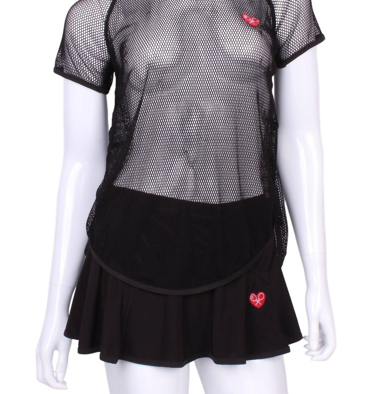

Женская футболка с коротким рукавом и шнуровкой на спине в черной сетке Fishnet Love Love Tennis
