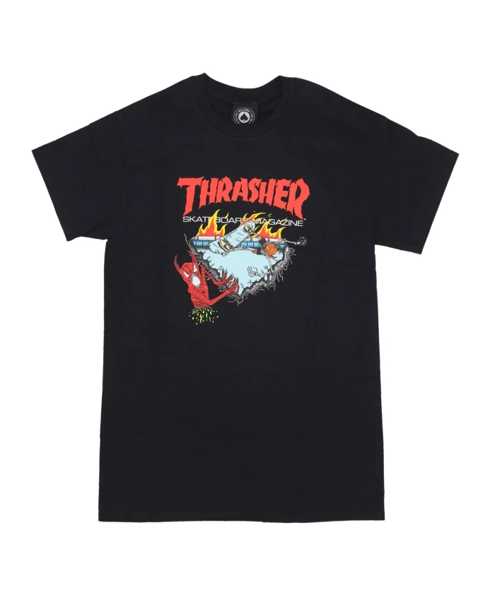 

Черная футболка с принтом на передней части и изображением шеи. Thrasher, черный