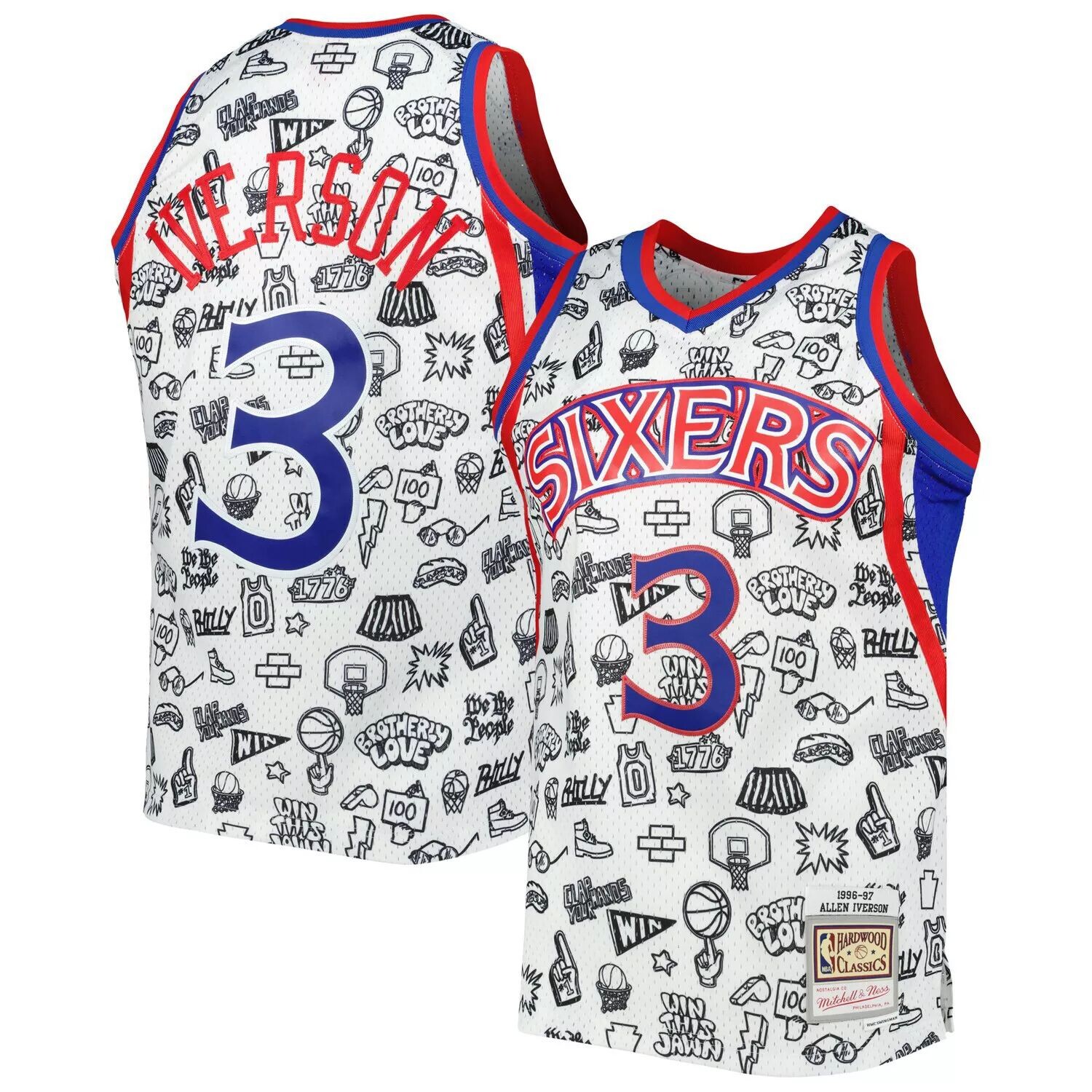 

Мужская белая майка Mitchell & Ness Allen Iverson Philadelphia 76ers 1996-97 Hardwood Classics Doodle Swingman, Белый, Мужская белая майка Mitchell & Ness Allen Iverson Philadelphia 76ers 1996-97 Hardwood Classics Doodle Swingman