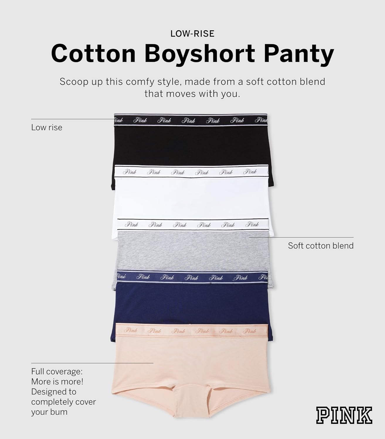 Комплект трусиков-шорт Victoria's Secret PINK Cotton, 5 предметов, мультиколор — фото 4