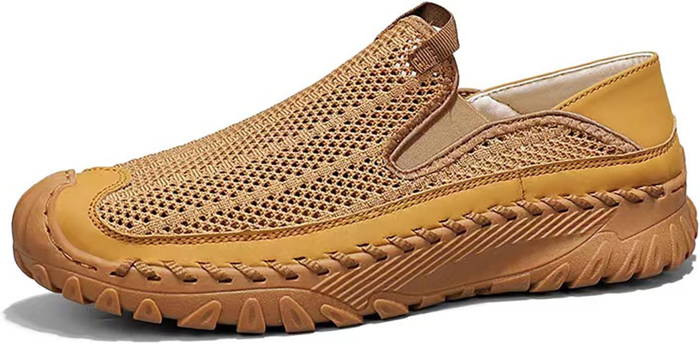 

Мужские ручной работы лоферы с сеткой, без застежки, удобные, легкие, дышащие, с закрытым носком, подходящие для ходьбы, прогулок на открытом воздухе, кросс-кантри, противоскользящие походные кроссовки Hdfdb, желтый